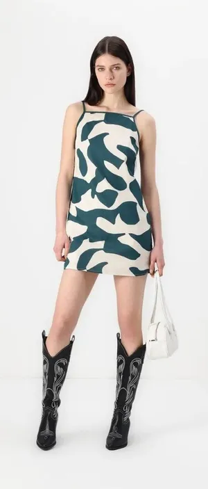 NWT Abercrombie & Fitch Linen Blend Abstract Mini Dress Green White S thumbnail 1