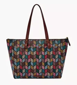 Fossil Women's Rachel Large Tote Bag Multicolor Chevron Zipper Top thumbnail 1