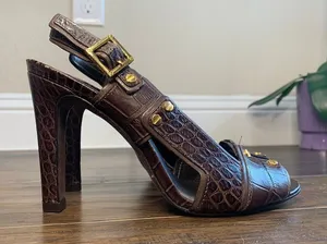 TORY BURCH Crocodile Embossed Leather High Heel Sandals Gold Hardware 7M Shoes thumbnail 1