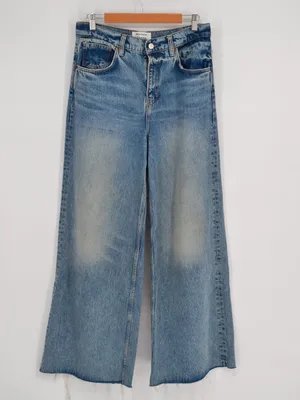 Reformation Jeans Iggy Super Wide Leg Stretch Atwood Wash Blue Raw Hem Womens 27 thumbnail 3