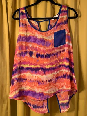 Funky Print Wrap Back Cut Out Flowing Tank Pink Size L thumbnail 1