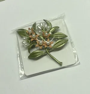 Large Costume Brooch Pin - Green / Pink Flower thumbnail 1