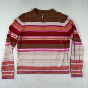 Free People Womens Striped Mock Neck Knit Sweater Brown Pink Red Size Large‎ thumbnail 1