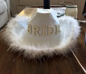 White 'BRIDE' Feather Trim Cowgirl Hat thumbnail 1