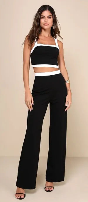 NWT Lulus Set for Perfection Black Color Block Two-Piece Jumpsuit Party Size XS thumbnail 1