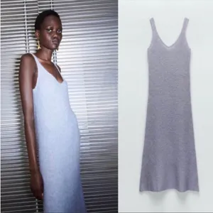 NWT Zara Wool‎ Alpaca Beaded Strappy Dress Gray Sleeves Midi Tank Women’s Size S thumbnail 2