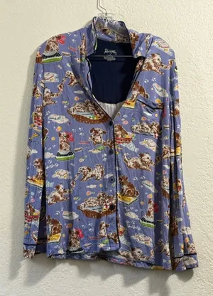 Nick & Nora Pajama Knit Top Puppy Dog Animal Bubble Bath Time Button Down M thumbnail 1