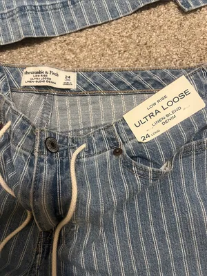 Abercrombie & Fitch Blue Pinstripe ultra loose jeans and matching tie top set thumbnail 2