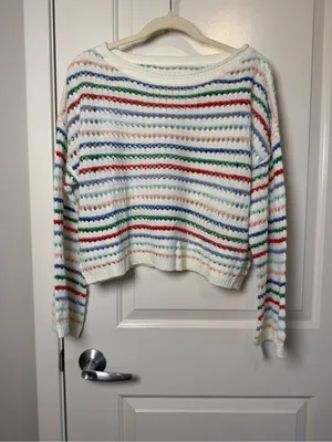 Striped Cream Crochet Crewneck Sweater with Multicolor Accents thumbnail 2