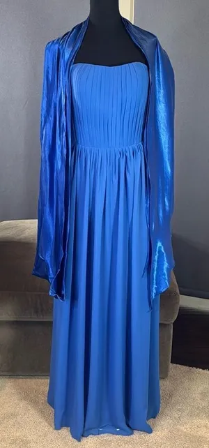 Women’s Blue Full Length Strapless Formal Dress Matching Shawl Size XL (14) NEW thumbnail 1