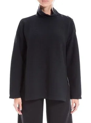 Max Studio Womens Top‎ L Black Mock Neck Button Sleeve Minimalist Quiet Luxury thumbnail 1