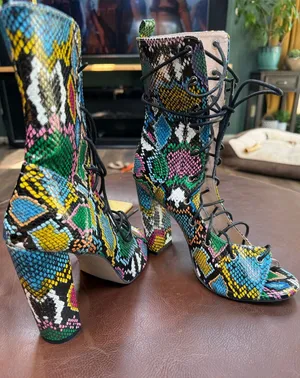 Lace-Up Multi-Color Snake Print Block Heel Sandals thumbnail 1