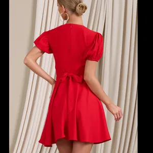 Club L red v neck puff sleeved buttoned mini dress thumbnail 9