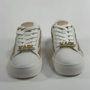 Karl Lagerfeld Paris Size-7 Cate Lace Up Sneaker White Gold Woven thumbnail 8