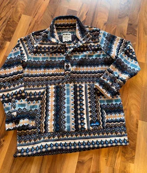 Kavu Fleece Pullover Women Medium‎ Blue Orange Geometric Aztec Button Up thumbnail 1