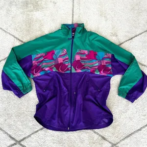 Vinatge 90s Reebok Windbreaker Cinch Waist Full Zip Green/Purple Abstract Design thumbnail 2