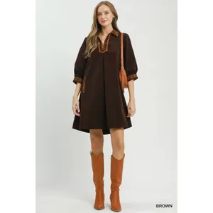 Umgee V-Neck Shift Dress with Contrast Trim - Brown - Medium thumbnail 4
