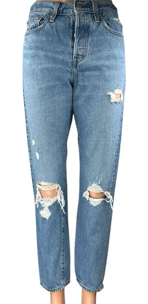 Levi's Premium Wedgie Blue Distressed High Waisted Straight Denim Jeans Size 26 thumbnail 1