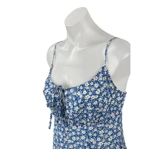 Lulus Blue Floral Shirred Sleeveless Tie Scoop Cami Camisole Mini Slip Dress S thumbnail 2