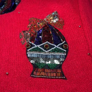 90s EMT Red Silk Angora Wool Beaded Christmas Ornament Sweater Womens M sequins thumbnail 3