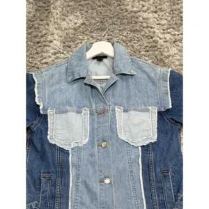 RD Style Womens Size XS Patchwork Denim Jacket Two Tone Blue Raw Hem Distressed thumbnail 4