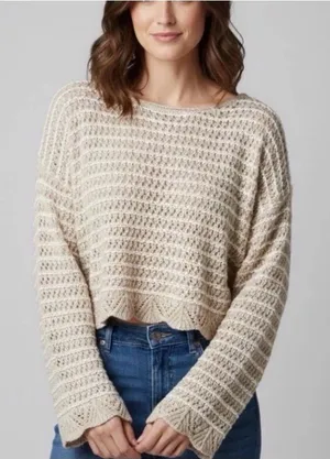 American Eagle Ballet Neck Open Knit Oversized Sweater Women's Large Beige thumbnail 1