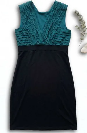 Womens Sleeveless Ruffle V-Neck Empire Waist Cocktail Dress Teal Black thumbnail 1