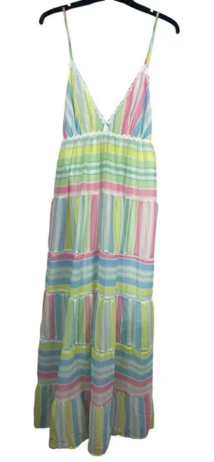 NWT Pastel Stripe Maxi Dress Cottage Coquette Beachy Tiered Tie Back Sundress S thumbnail 1