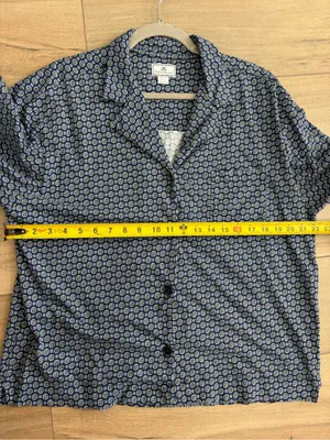 Petite Plume Navy Yellow Pima Cotton Button Down Wide Sleeve Pajama Top L thumbnail 7
