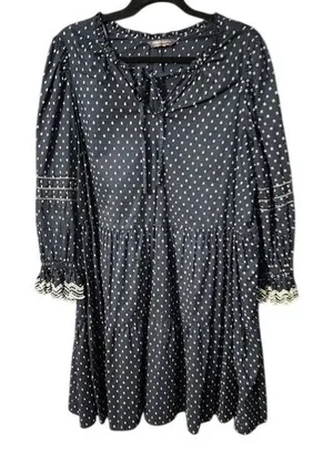 M&S Collection Navy & White Polka Dot Long Sleeve Dress White Ruffle Cuff Accent thumbnail 1