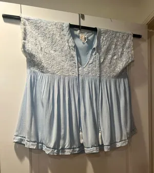 Light Blue Lace Yoke Peasant Top - Brand:J. Marie thumbnail 1