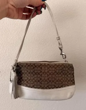 Vintage Tan and White Coach Wristlet with Tassel thumbnail 1
