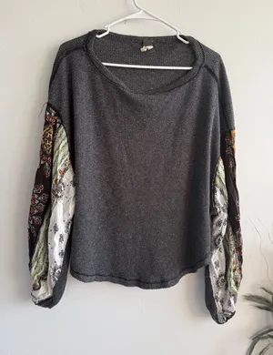 Free People We The Free Grey Waffle Knit Patchwork Paisley Sleeve Thermal Top XS thumbnail 1