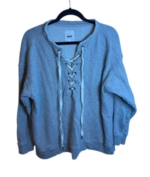 Aerie Gray Lace Up Oversized Crew Sweatshirt thumbnail 1