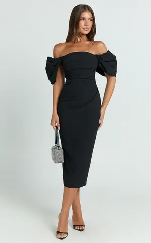 New Showpo Lohan Midi Dress Off Shoulder Puff Sleeve Size Medium MSRP $129 thumbnail 2