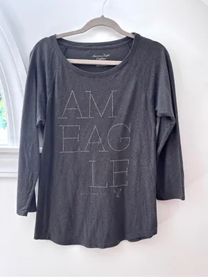 American Eagle Gray Beaded Logo Top Long Sleeve Tee Womens XL Raglan Crewneck thumbnail 1