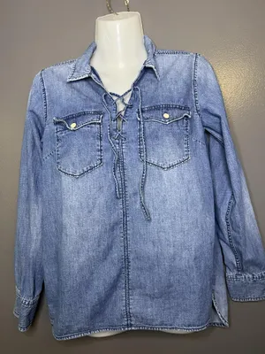 Madewell Blouse Womens XS Blue Chambray Lace Up Long Sleeve Tunic Top Denim thumbnail 1