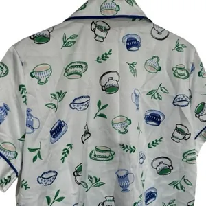 Kate Spade Blue Green Novelty Coffee Print Satin Pajama‎ Top Cozy Feminine XS thumbnail 6