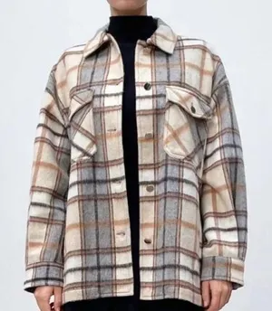 Zara Checkered Jacket in Cream and Brown Shacket thumbnail 1