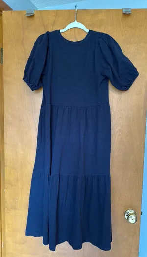 Loft Navy Midi Dress puff sleeve tiered M thumbnail 1
