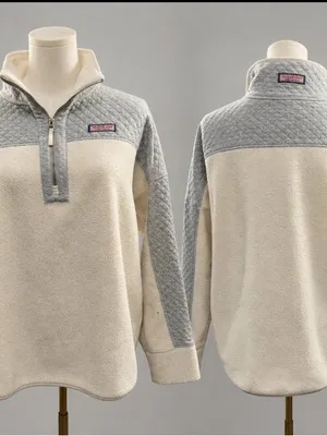 Vineyard Vines Sherpa Fleece Quilted Quarter Zip Pullover Cream Gray Size Large thumbnail 3