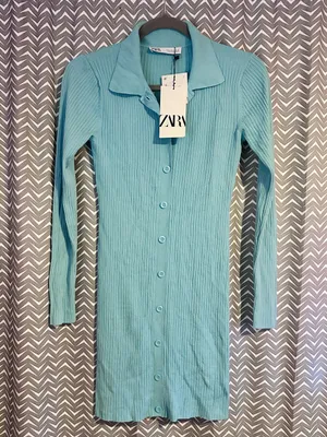 NWT Zara | Light Blue Ribbed Knit Polo Dress, Medium thumbnail 3