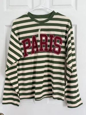 Anthropologie Paris Striped Long Sleeve Tee Green Cream Varsity Streetwear XS thumbnail 2