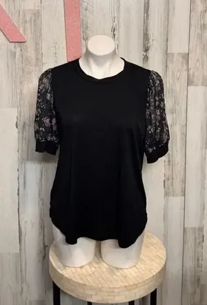Alison Andrews Black Top XL Floral Puff Sleeve Blouse Stretchy Casual Workwear N thumbnail 1