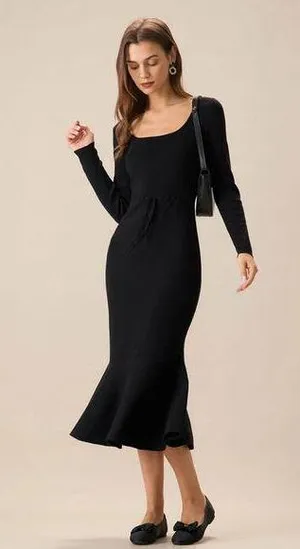 RIHOAS Women's Black Square Neck Mermaid Sweater Maxi Dress S 75 thumbnail 1