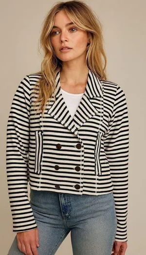 Free People Striped Knit Blazer Jacket M Black White Nautical Y2K Inspired thumbnail 1