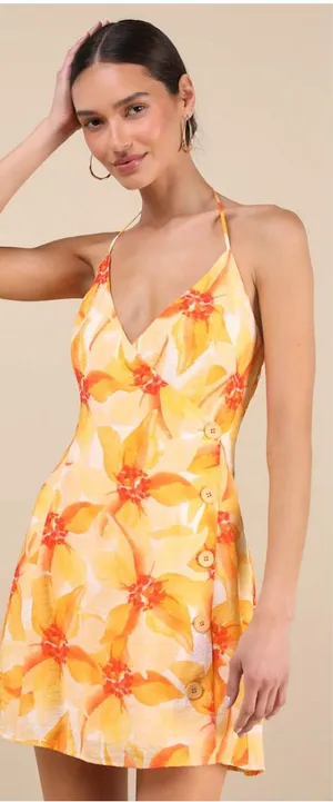 Lulus Prue Orange Floral Halter Mini Dress Size large Sleeveless V Neck Vacation thumbnail 1