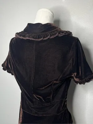 Y2K Vintage Chocolate Brown Velvet Ruffle Collar Tie Front Fairy Grunge Top thumbnail 5
