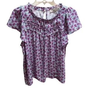 Loft Petites Purple Paisley Ruffle Neck Flutter Sleeve Blouse Top‎ LP NWT thumbnail 2