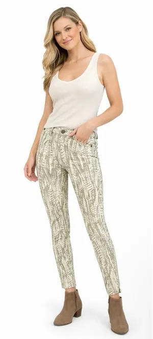 Free People Olive Green Abstract Feather Print Ankle Zip Skinny Jeans Size 26 thumbnail 1